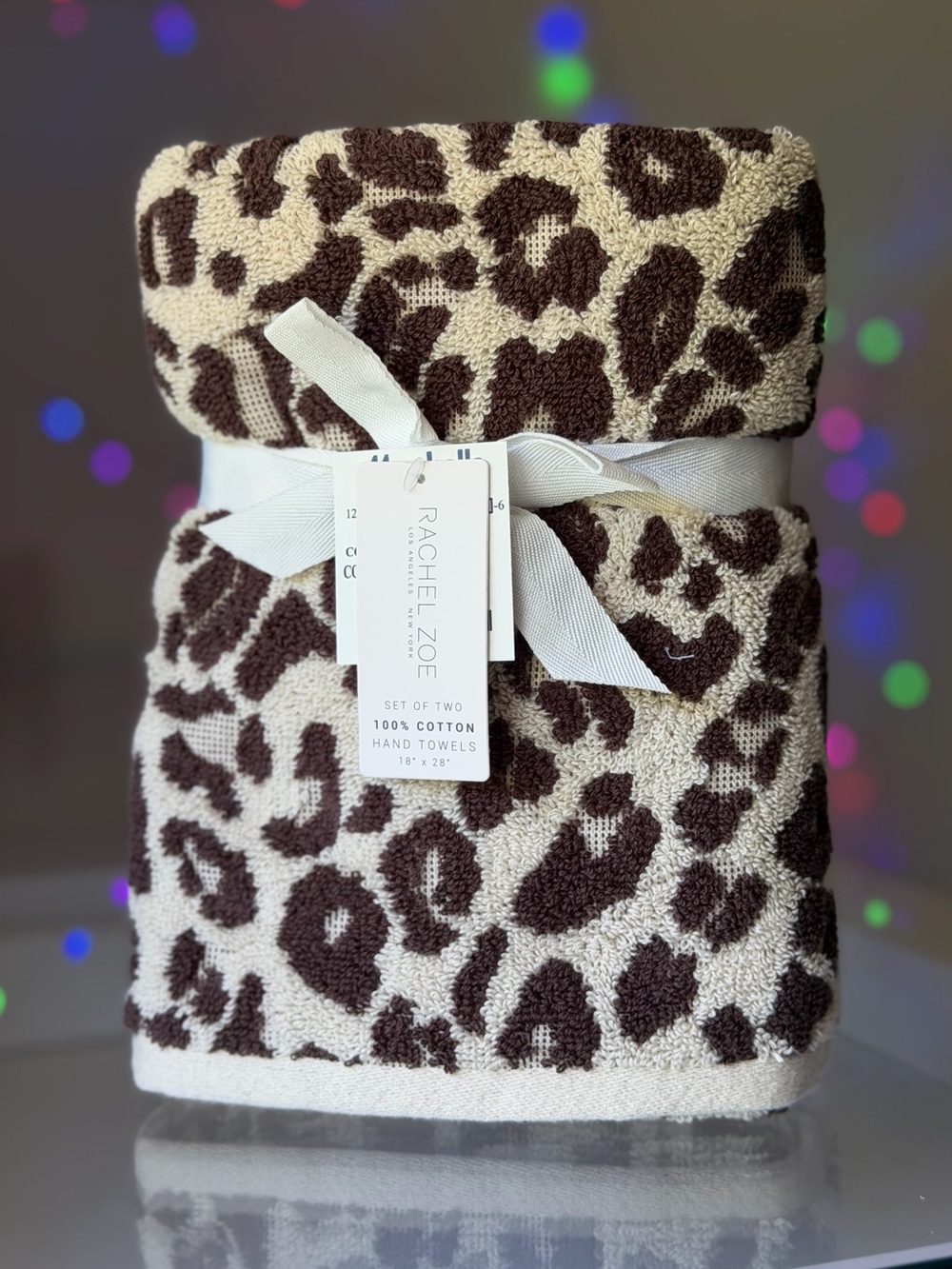 Rachel Zoe Leopard Cheetah Print 100% Cotton Hand Towels Set of 2 Bathroom Decor
